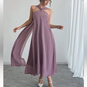 Dazy Twist Knot Chiffon Pastel Purple Maxi Dress with Flowy Shawl Scarf